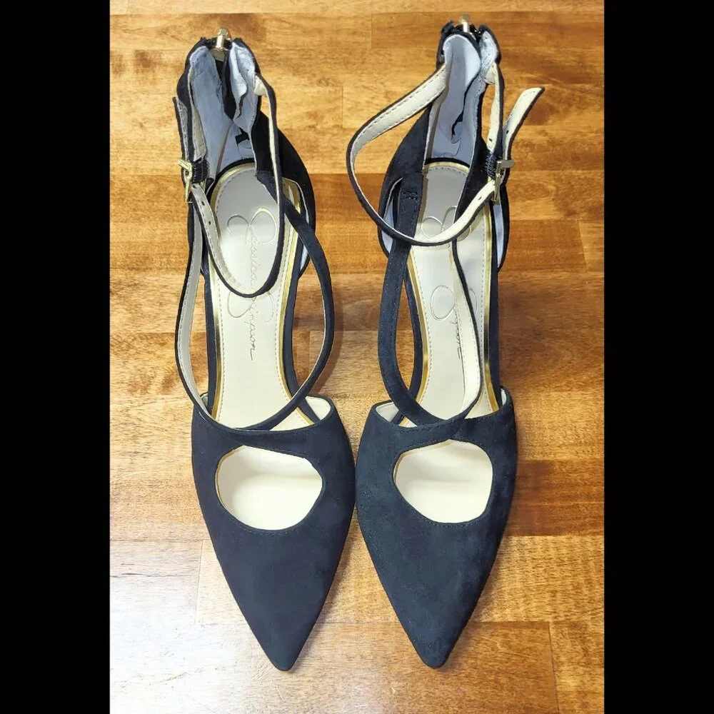 USED Women's Jessica Simpson Wynnley Black Lux Suede Strappy Stiletto Heels 8.5M - Picture 9 of 16
